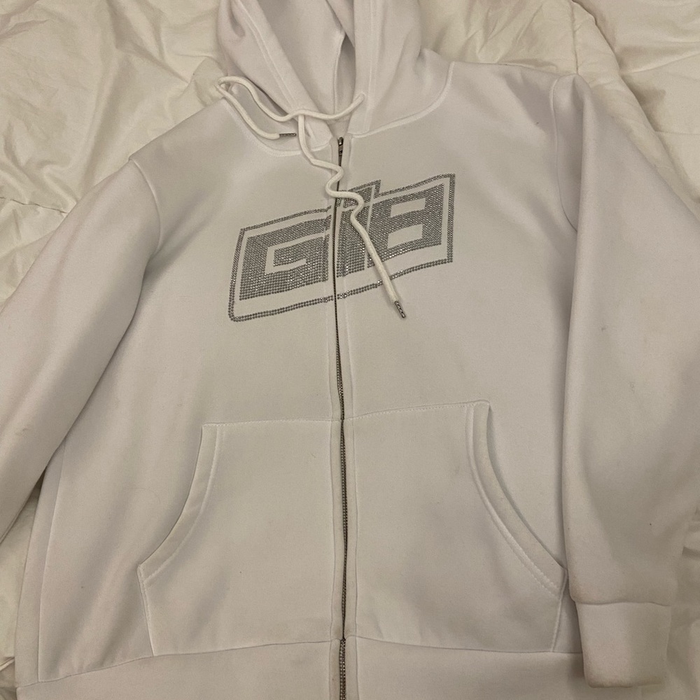White Rhinestone Zip-Up Hoodie